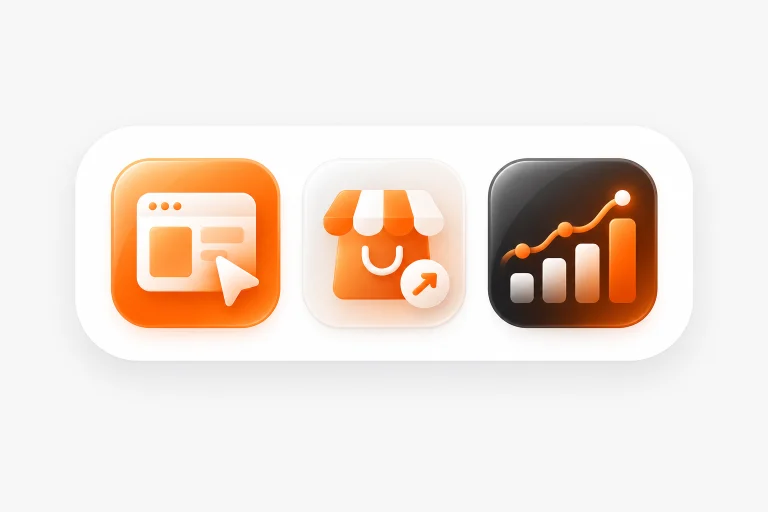 Illustration of website, storefront and performance interfaces in Avix orange