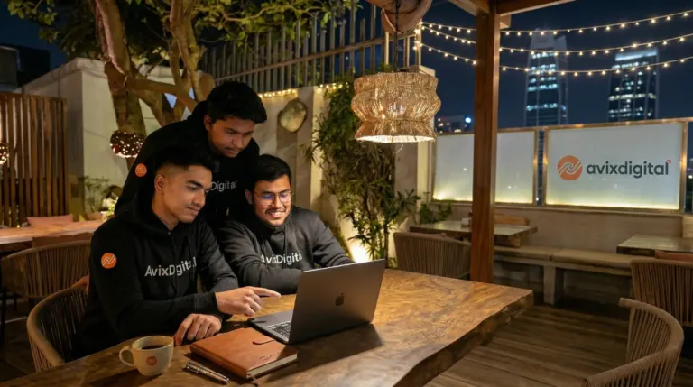 Three people in AvixDigital hoodies working together on a laptop at a rooftop table in the evening