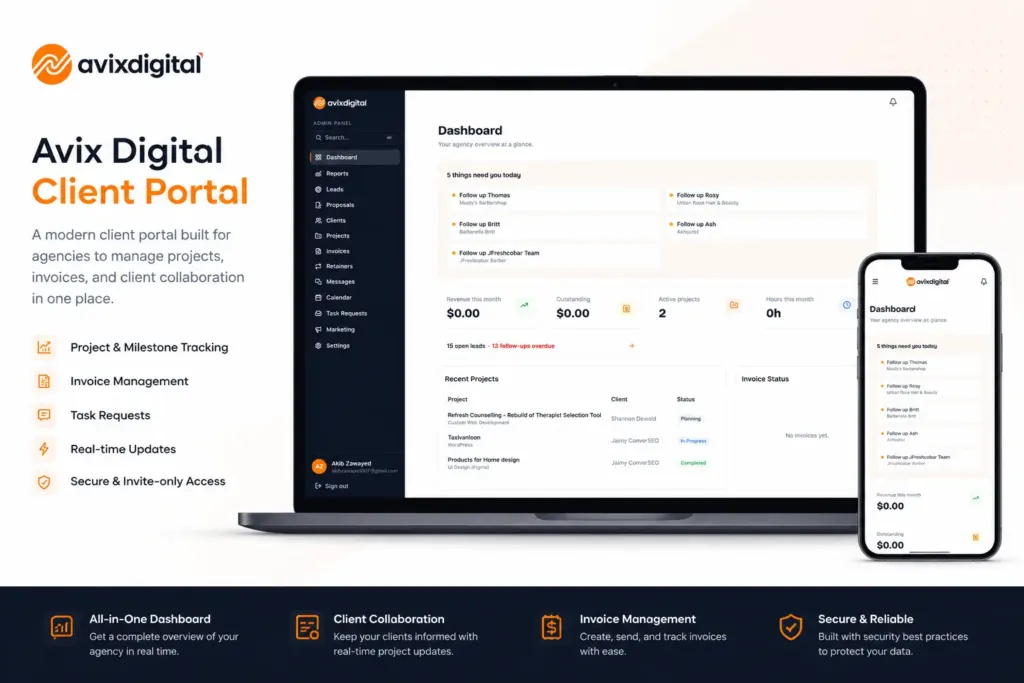 AvixDigital client portal dashboard on a laptop and phone, showing active projects and revenue