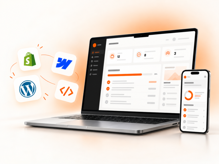 Project dashboard on a laptop and phone, with Shopify, Webflow, WordPress and custom code icons