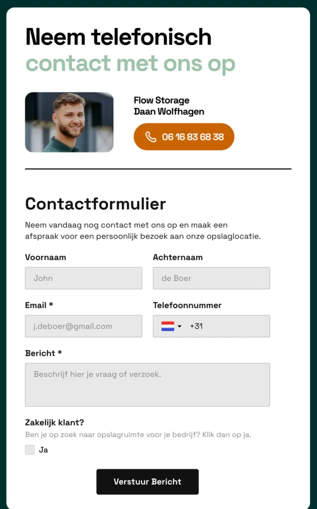 Flow Storage contact page with a call button and an enquiry form