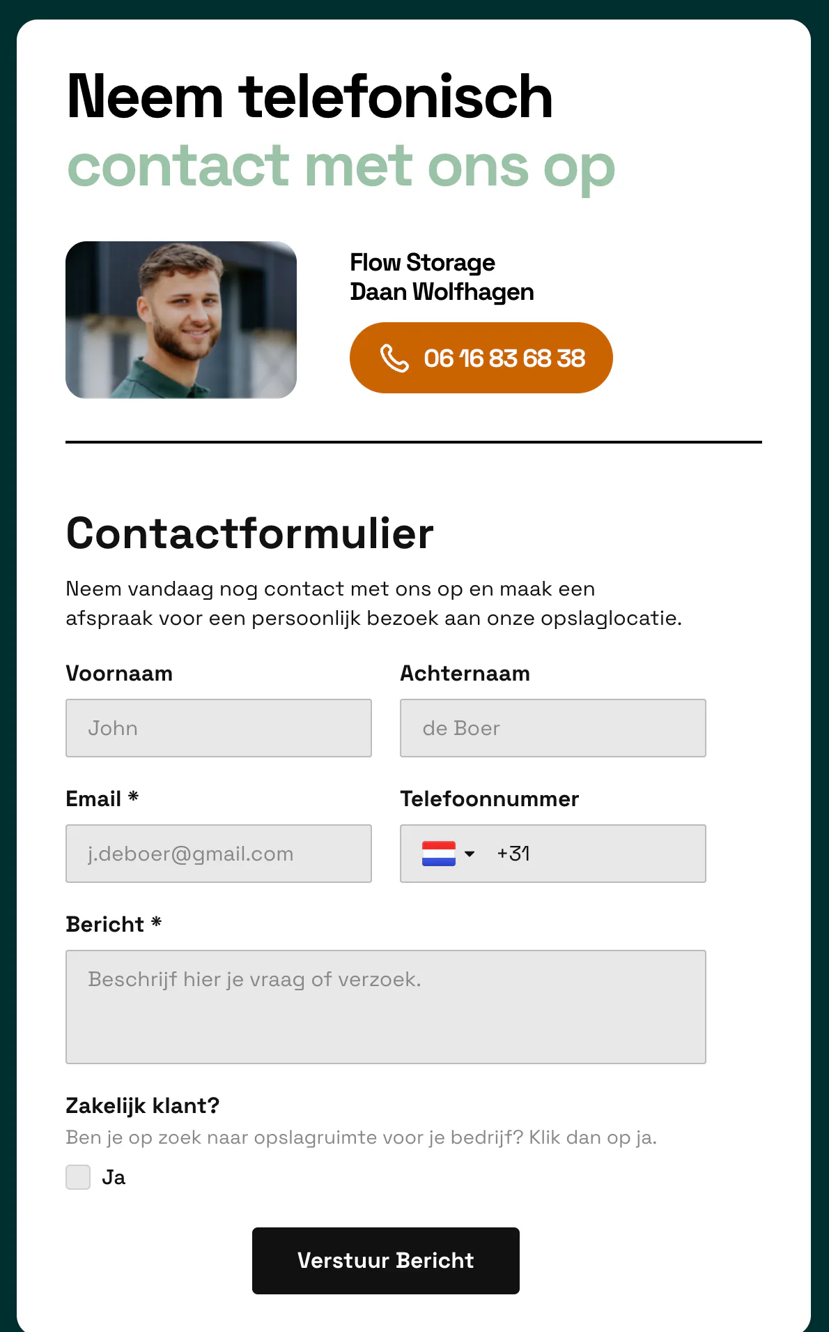 Flow Storage contact page with a call button and an enquiry form