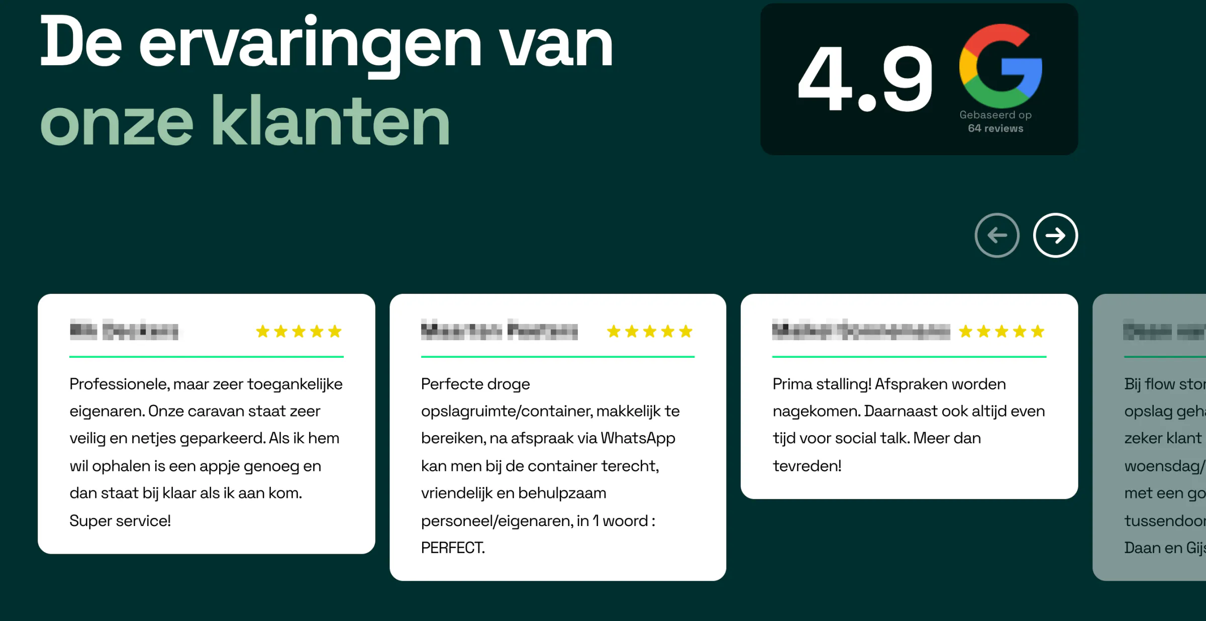 Flow Storage customer review slider beside a Google rating badge
