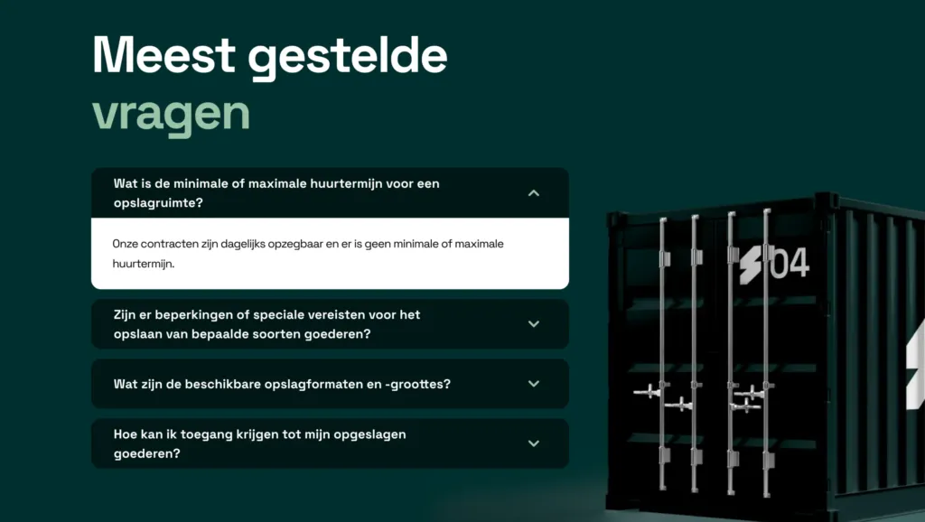 Flow Storage FAQ accordion on dark green