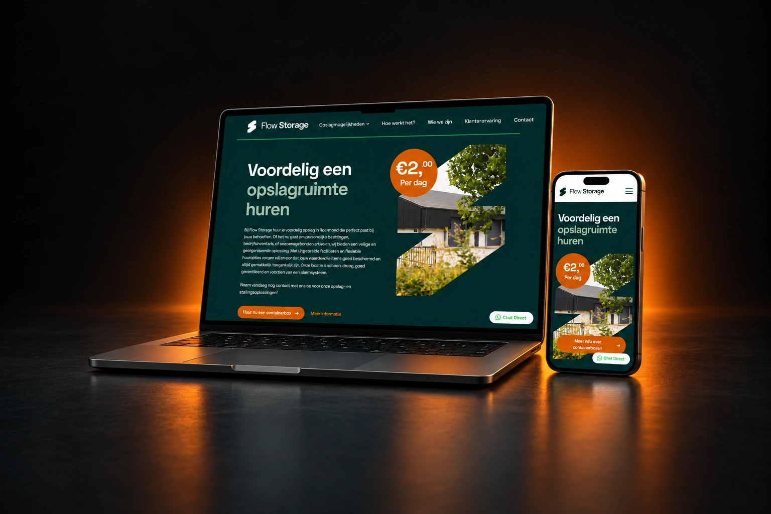 Flowstorage.nl homepage on a laptop and a phone