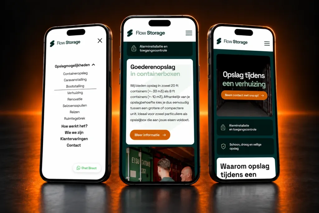 Flow Storage mobile menu, storage card and use-case page on three phones