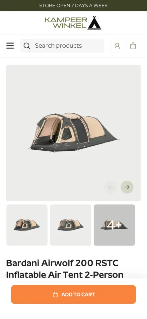 Bardani air tent product photos on a phone with a sticky Add to cart bar