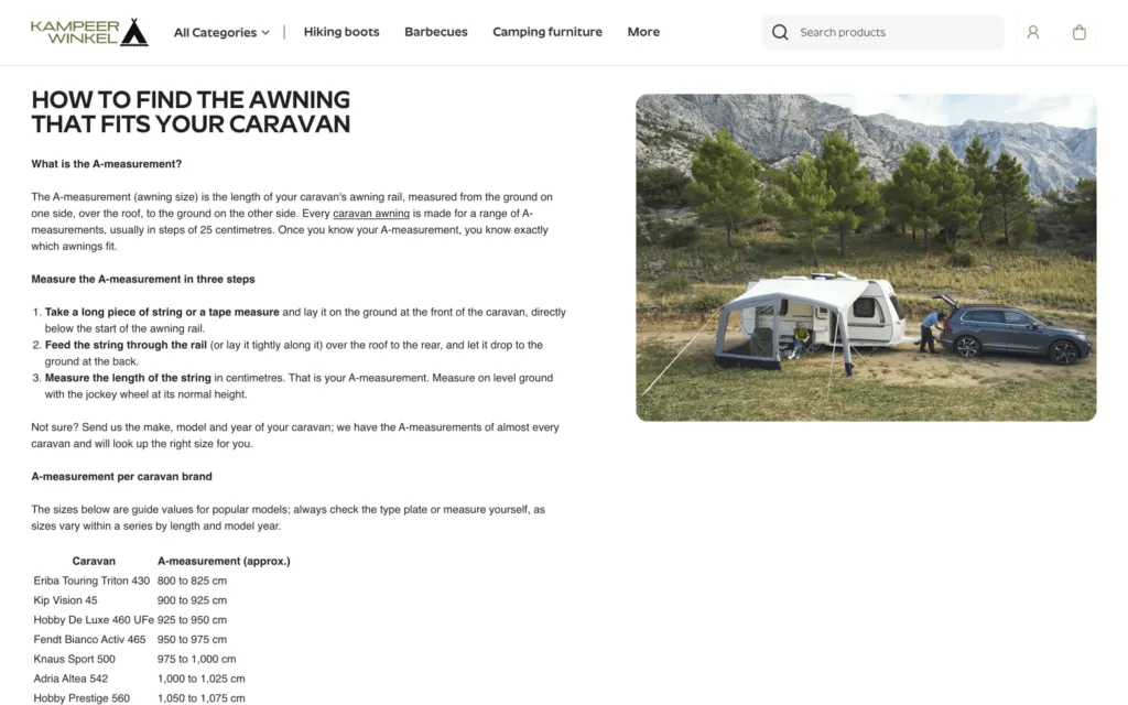 Caravan awning size guide with three measuring steps, an offer to look up the size and a table of A-measurements for popular caravans
