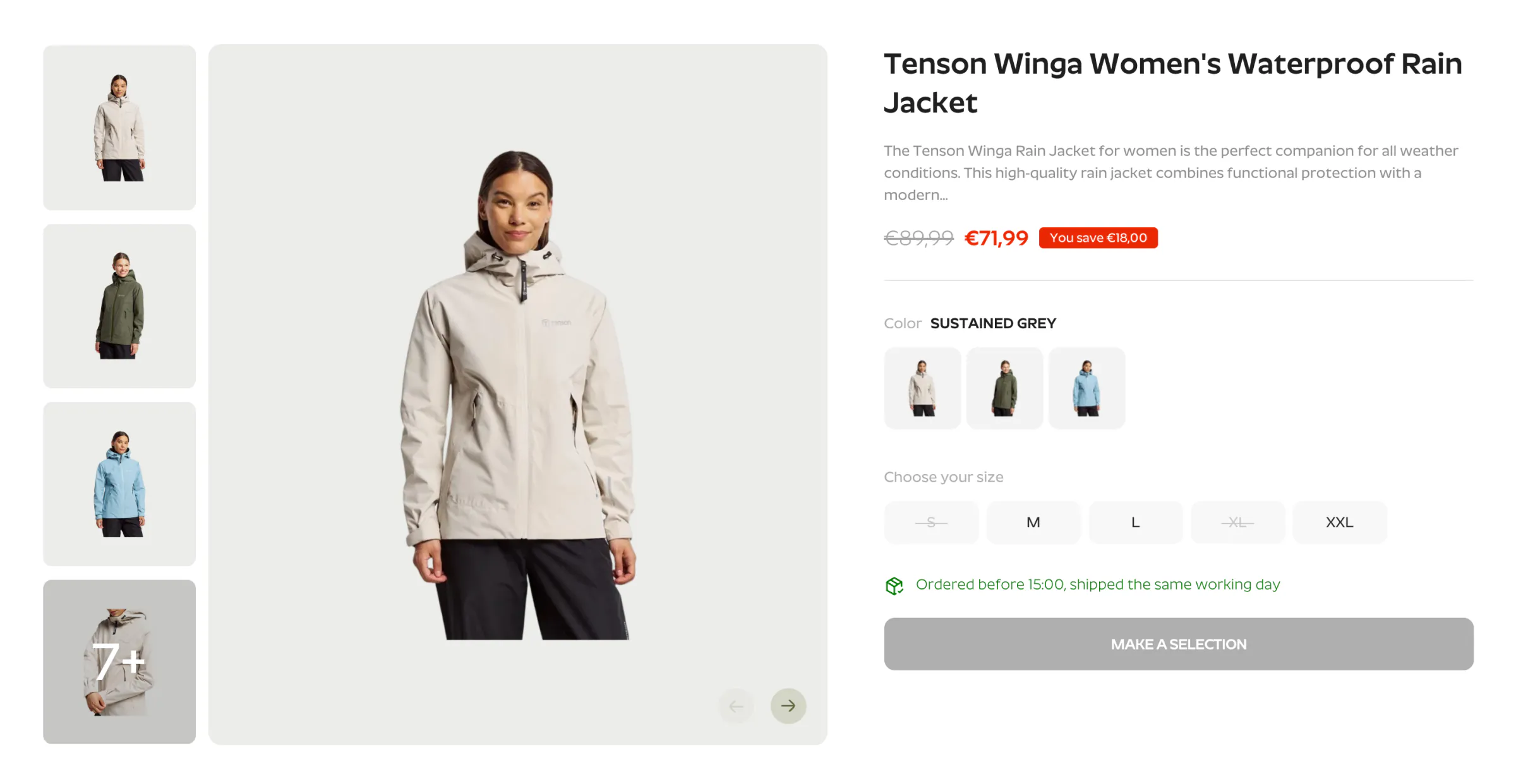 Tenson Winga rain jacket product page with colour photo swatches, struck-through sold-out sizes, a You save badge and the same-day dispatch line above the button