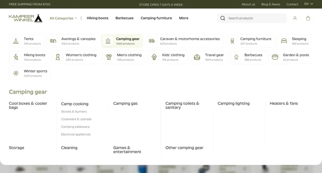 Kampeerwinkel Roermond All Categories menu with 14 department cards showing product counts and the Camping gear sub-categories