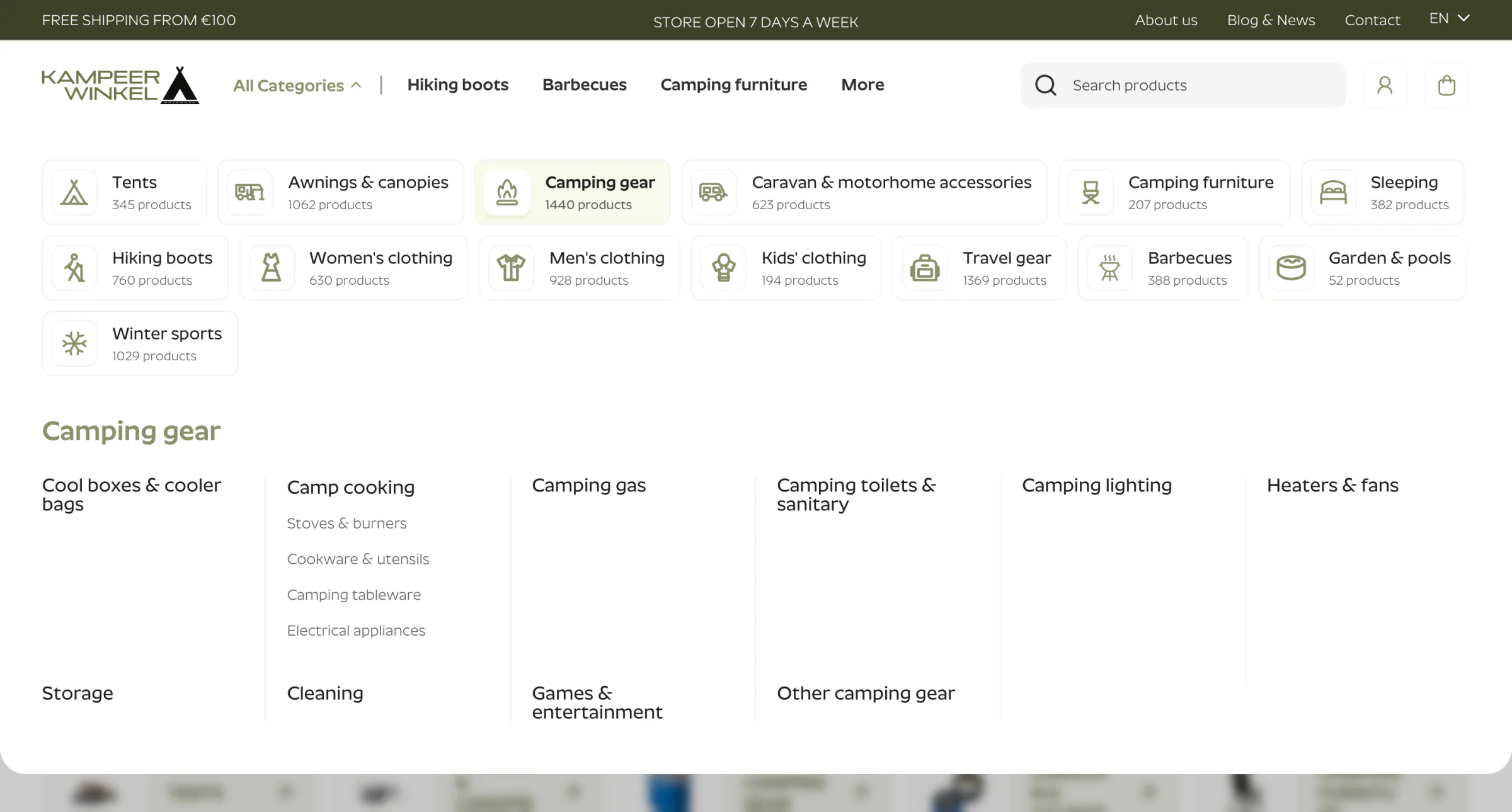 Kampeerwinkel Roermond All Categories menu with 14 department cards showing product counts and the Camping gear sub-categories