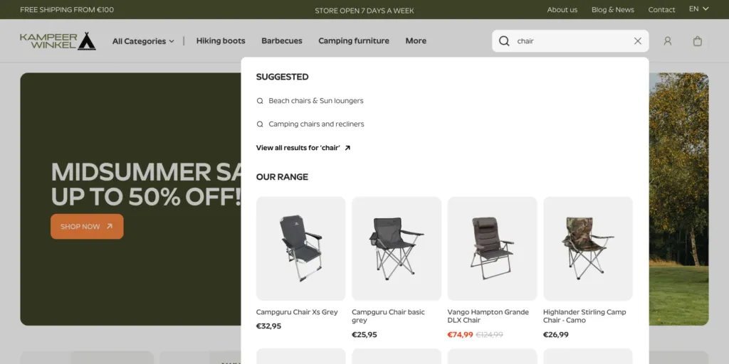 Kampeerwinkel Roermond predictive search for 'chair' with suggested collections and product cards with prices