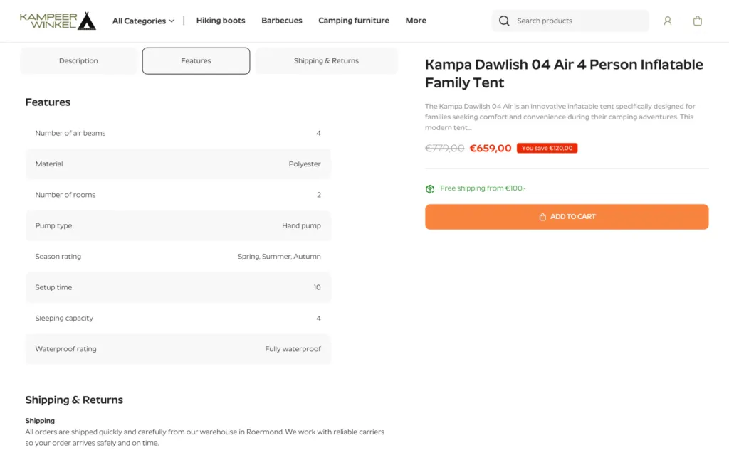 Kampa Dawlish 04 Air product page with the Features table of tent specifications beside the buy box