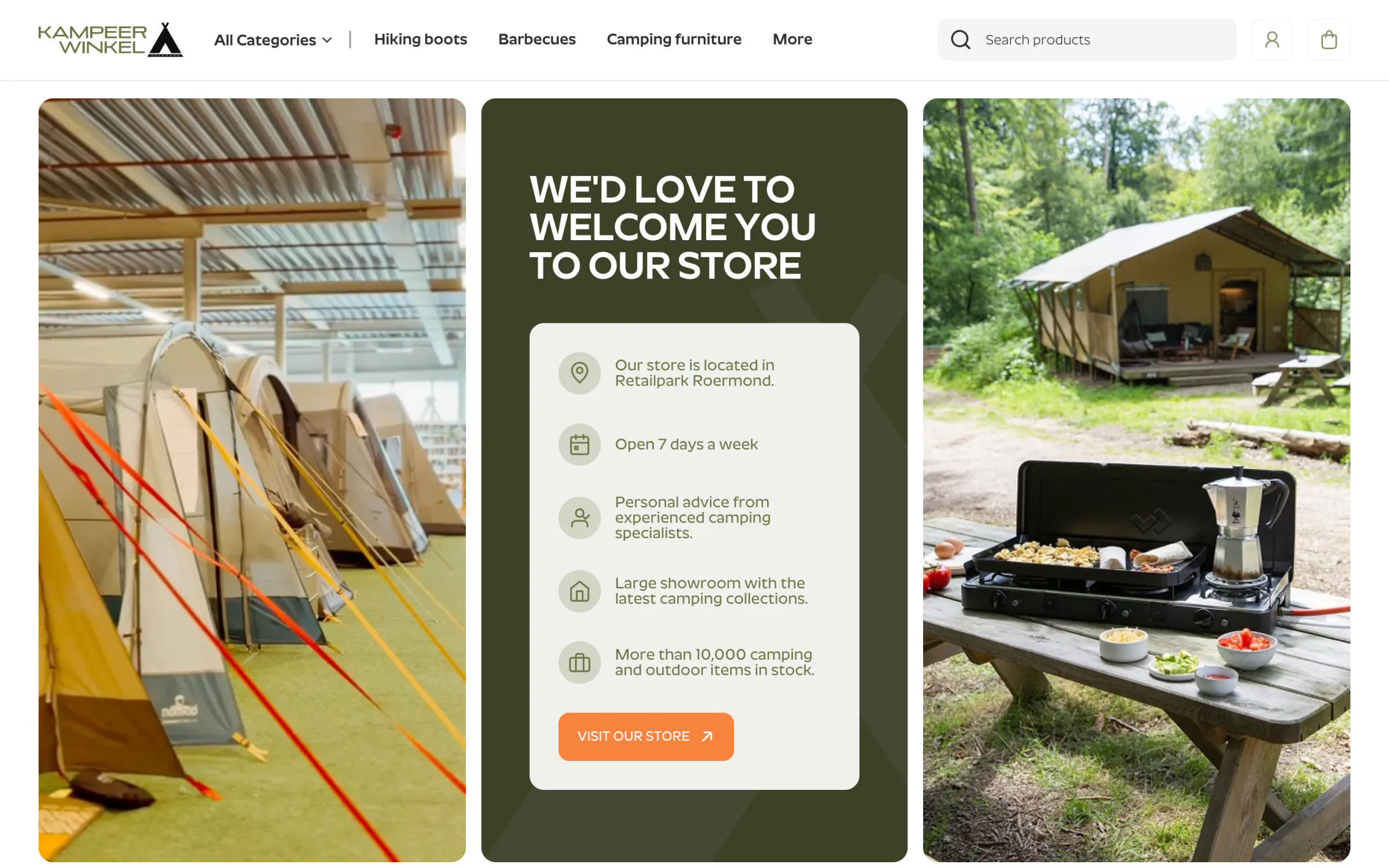 Kampeerwinkel Roermond homepage store block with a showroom video of pitched tents, five reasons to visit and a Visit our store button