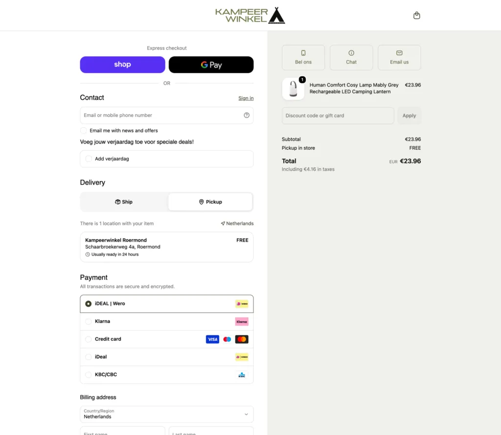 Kampeerwinkel Roermond checkout with Shop Pay and Google Pay, the Pickup option showing the Roermond store as free, and iDEAL, Klarna, card and KBC payment options