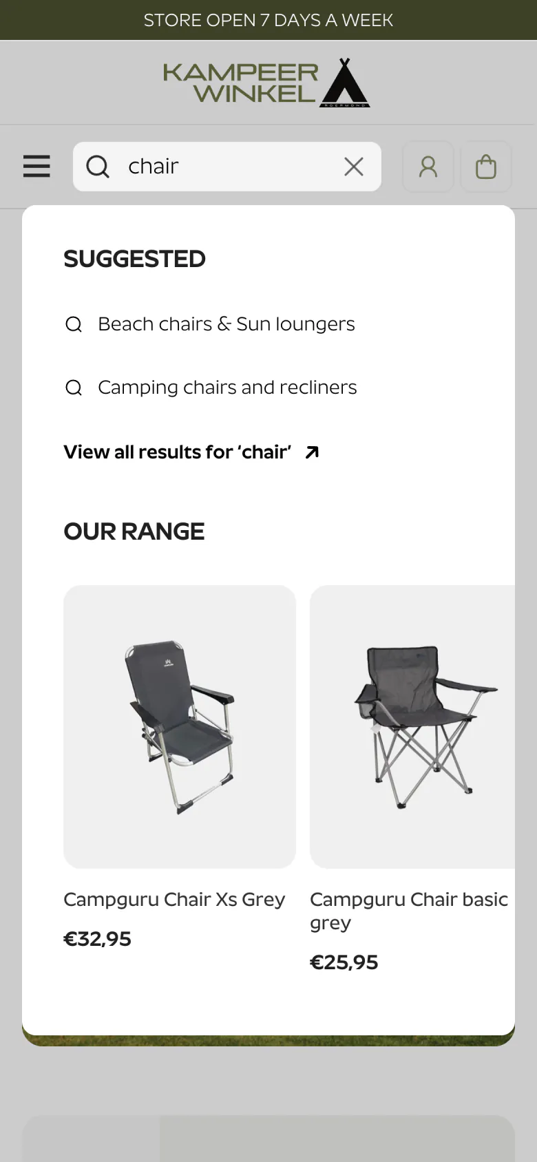 Kampeerwinkel Roermond mobile search for 'chair' with suggested collections and chair products with prices