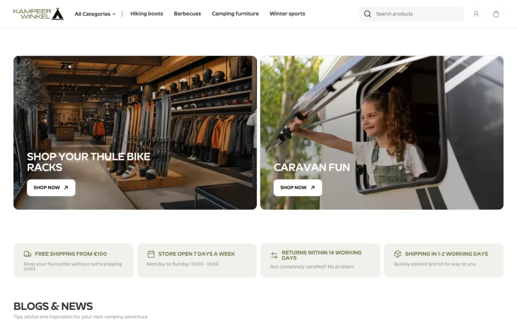 Thule bike racks and Caravan fun campaign banners above a row of shipping, store and returns promises