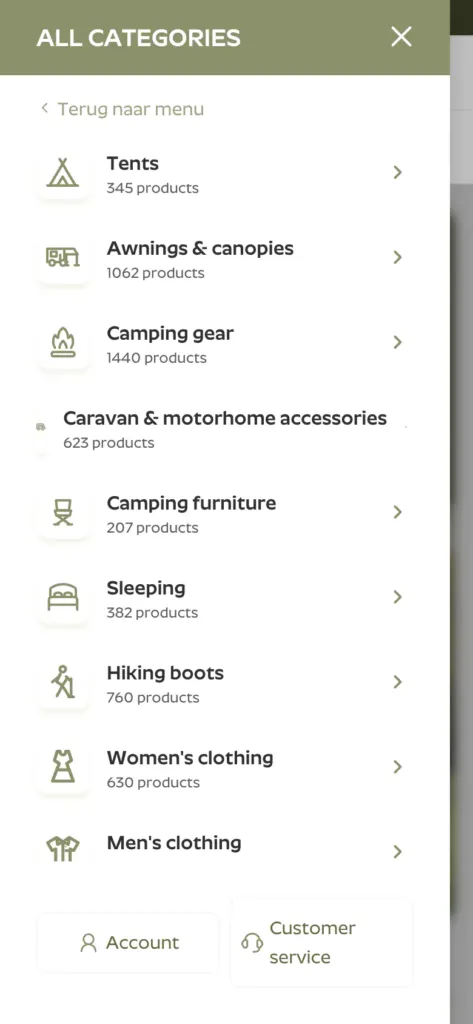 Kampeerwinkel Roermond mobile menu listing departments with icons and product counts