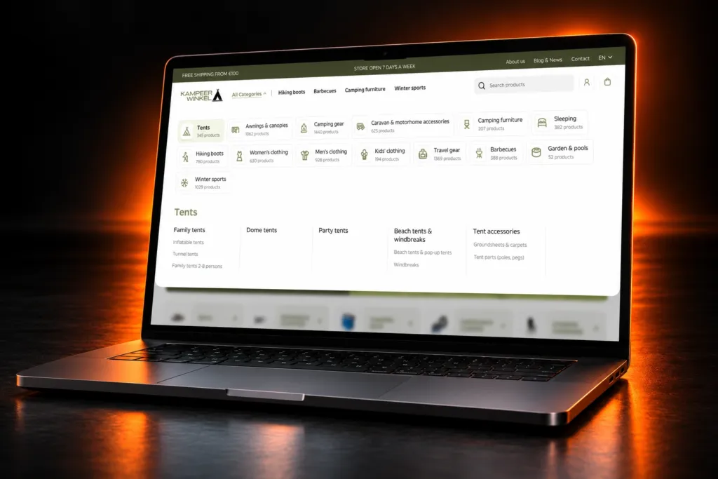 Kampeerwinkel Roermond All Categories menu on a laptop