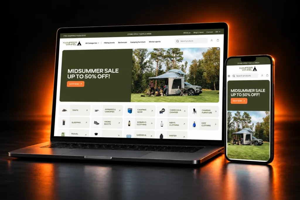 Kampeerwinkel Roermond Shopify store on a laptop and a phone