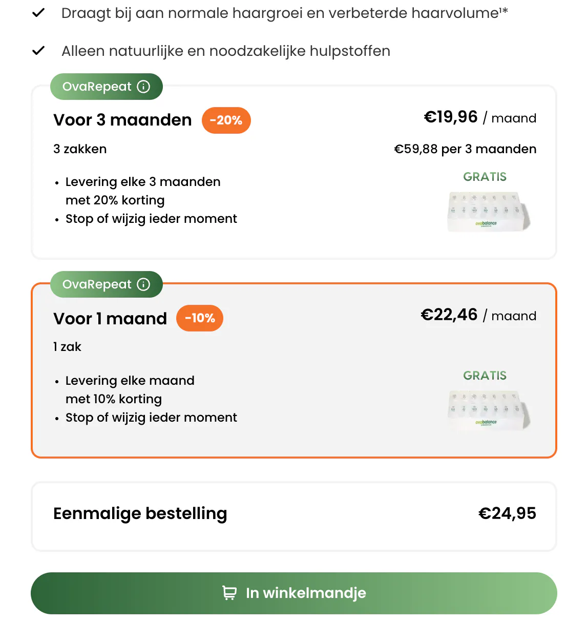 Ovabalance plan selector showing prices per month and the total per delivery