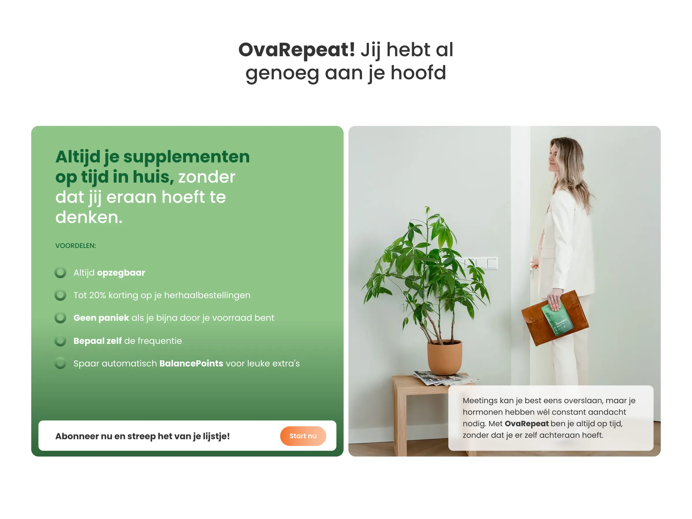 OvaRepeat section on the Ovabalance homepage listing subscriber benefits beside a lifestyle photo