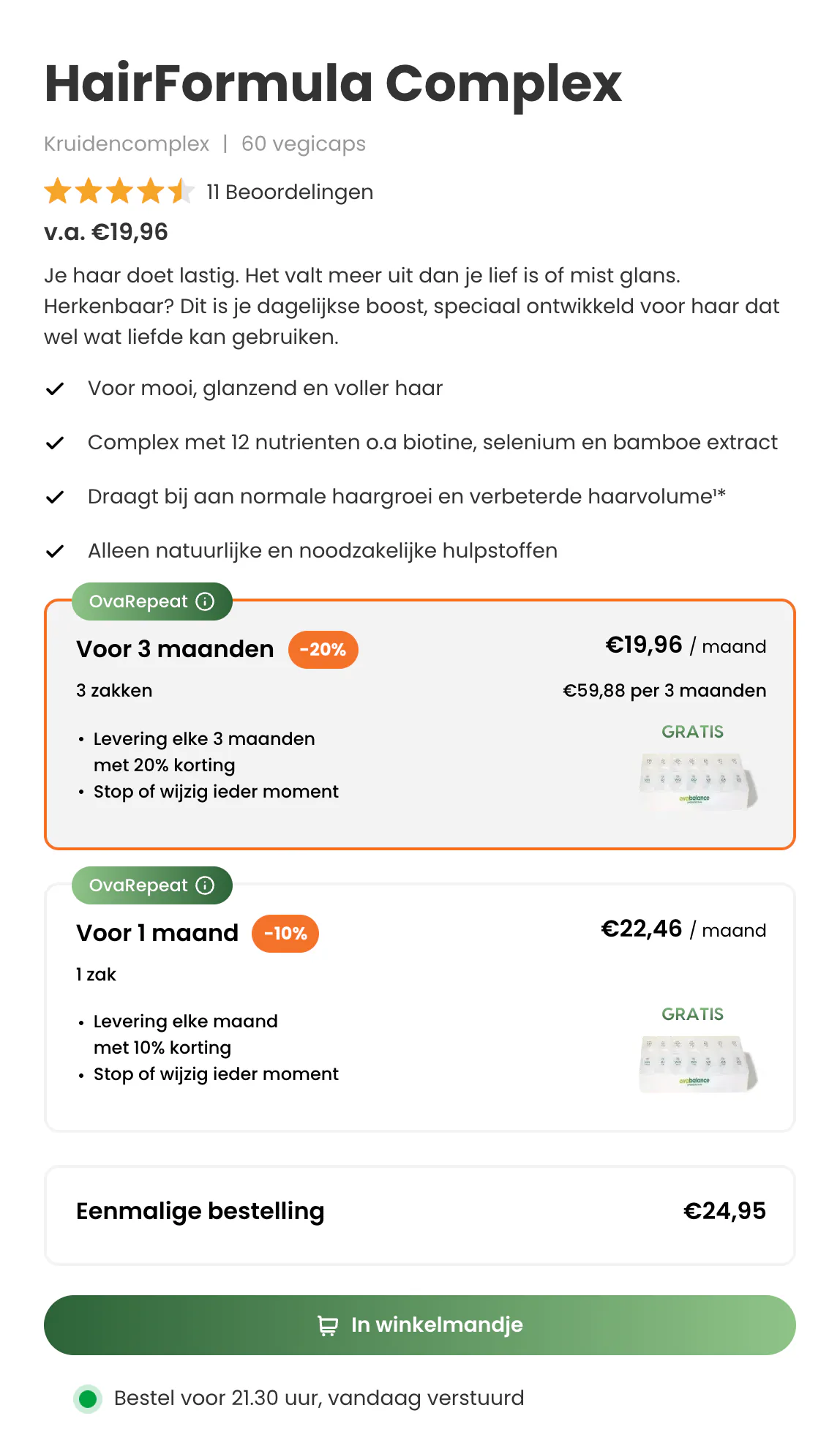Ovabalance product page with OvaRepeat plan cards for every 3 months, monthly and a one-time order