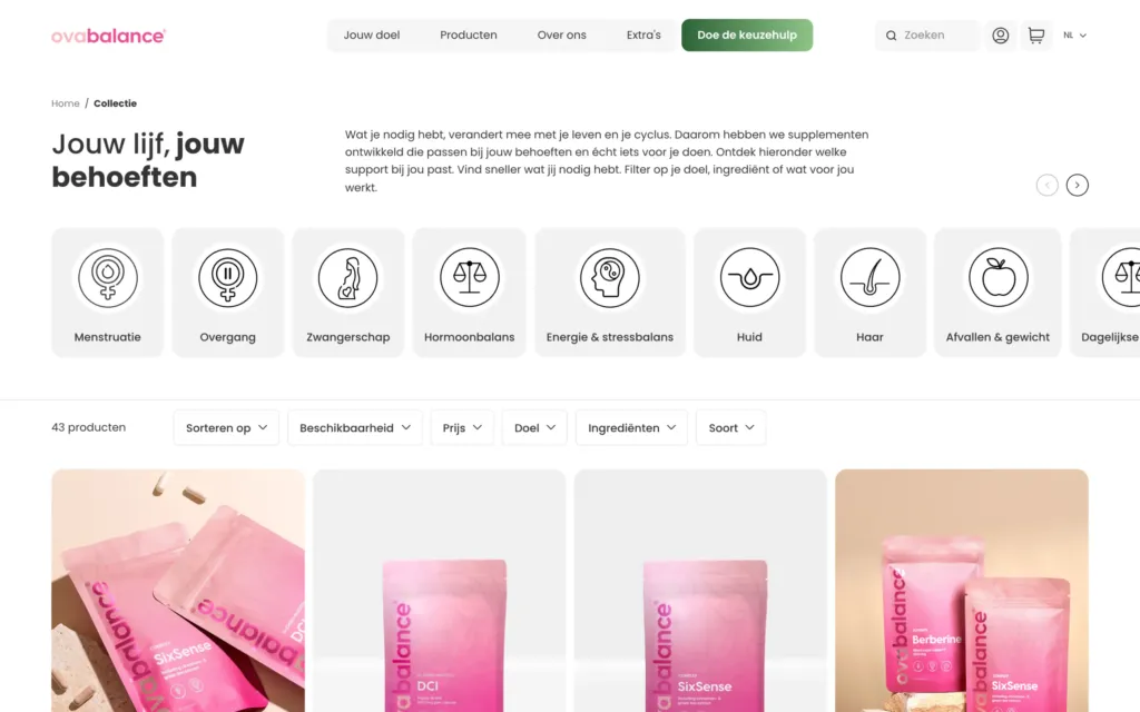 Ovabalance collection page with goal icons and a filter bar