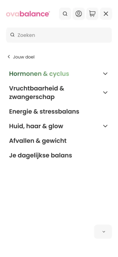 Ovabalance mobile menu with goal categories