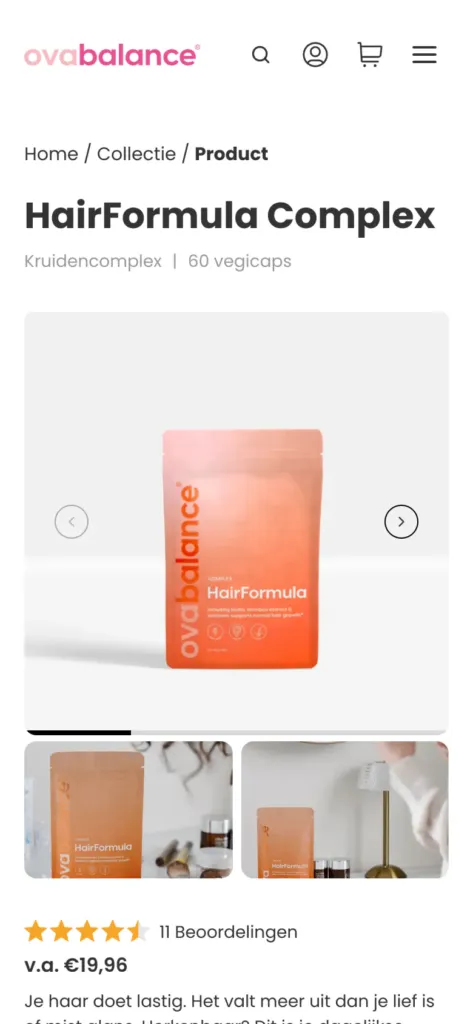 Ovabalance product page on a phone