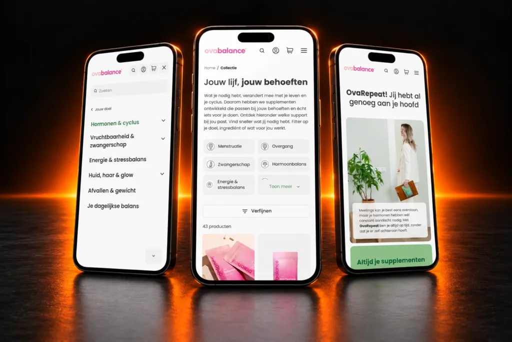 Ovabalance goal menu, collection page and OvaRepeat section on three phones