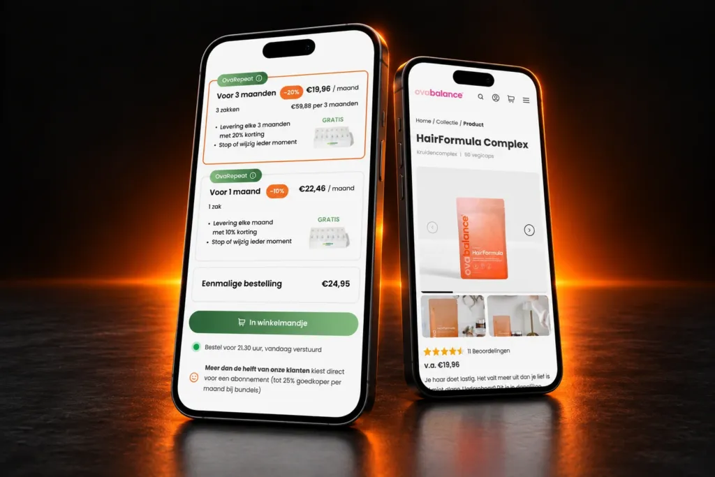 OvaRepeat plan selector and a product page on two phones