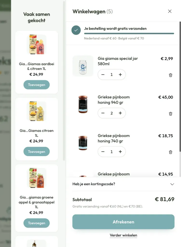 Products for Home slide-out cart with a free-shipping bar, a Vaak samen gekocht upsell column and the Afrekenen button
