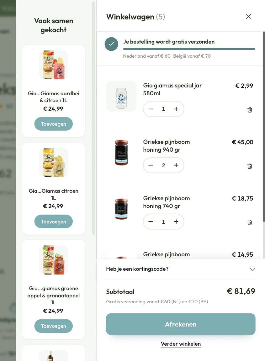 Products for Home slide-out cart with a free-shipping bar, a Vaak samen gekocht upsell column and the Afrekenen button