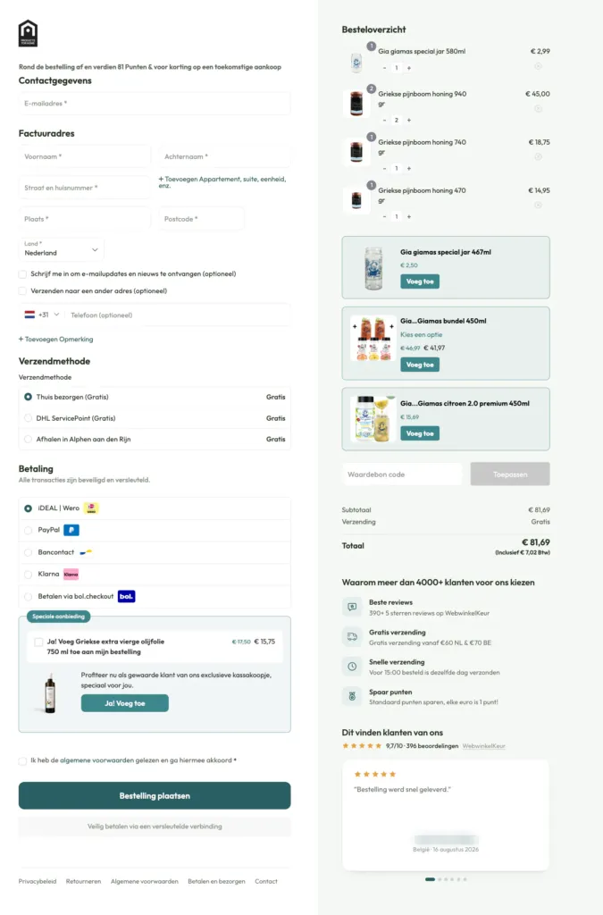 Products for Home one-page checkout with delivery and payment options, an order bump and add-on offers in the order summary