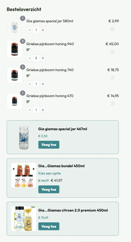 Products for Home checkout order summary with three add-on offers and Voeg toe buttons