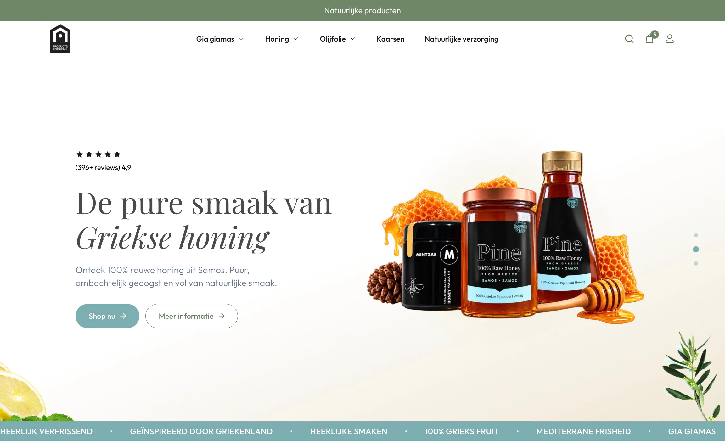 Products for Home hero slide for Greek honey with floating jars, two buttons and a scrolling text band