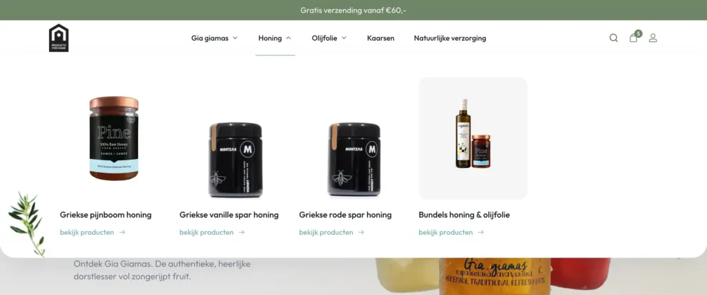 Products for Home Honing mega menu with an image tile and a bekijk producten link for each honey family