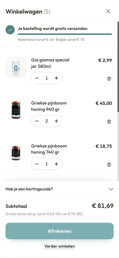 Products for Home slide-out cart on a phone with the free-shipping bar and the Afrekenen button