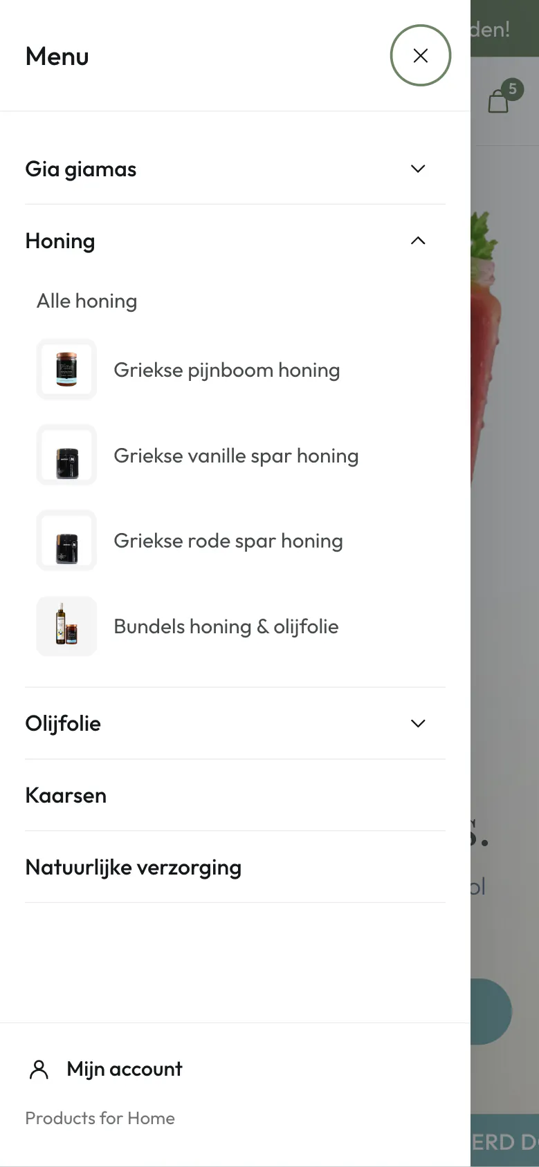 Products for Home mobile drawer menu with the Honing family open and a thumbnail for each sub-category