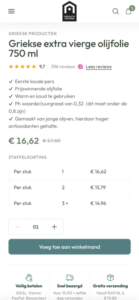 Products for Home buy box on a phone with the tiered discount table and an add-to-cart button