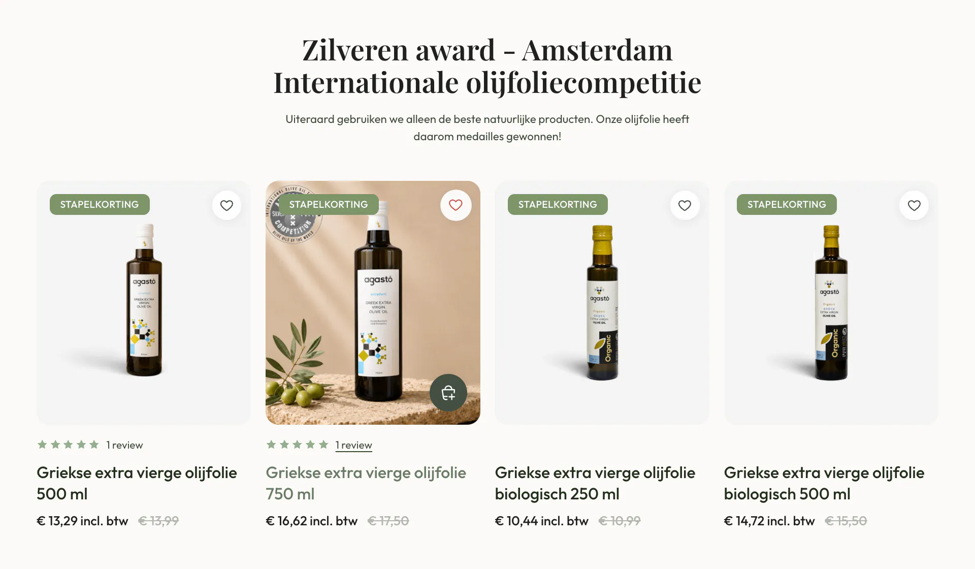 Products for Home olive oil product cards with Stapelkorting badges, wishlist hearts, a quick-add button and was and now prices