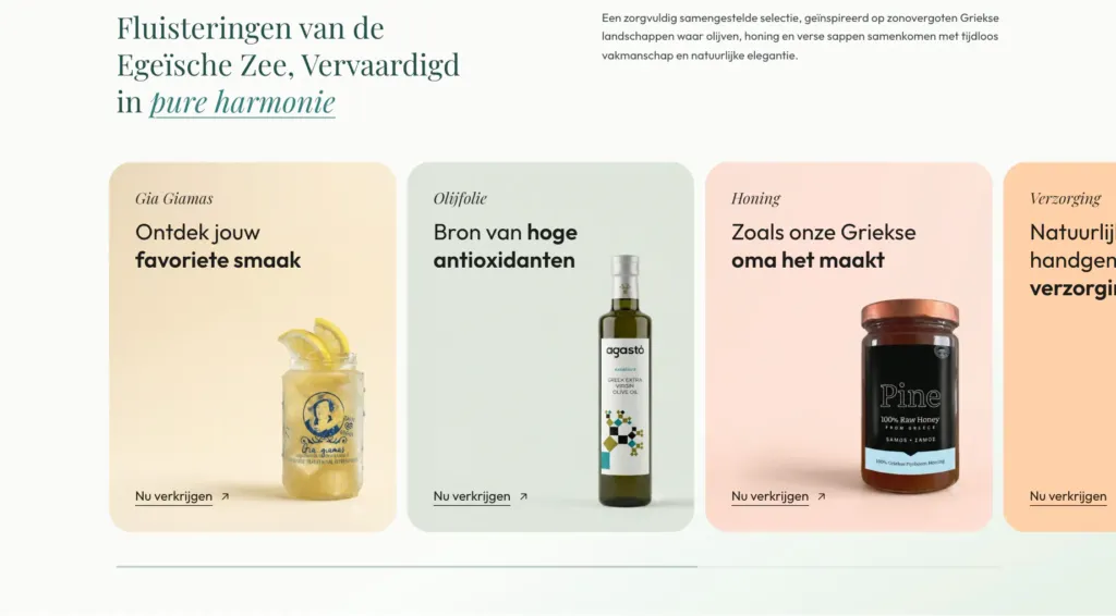 Products for Home category cards for Gia Giamas, olive oil and honey