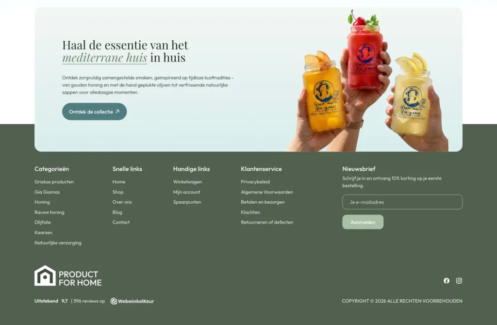 Products for Home closing banner with drinks jars above the footer links and newsletter sign-up