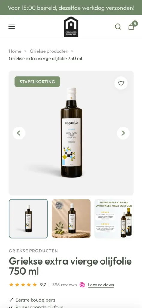 Products for Home olive oil product page on a phone with the photo gallery and thumbnails