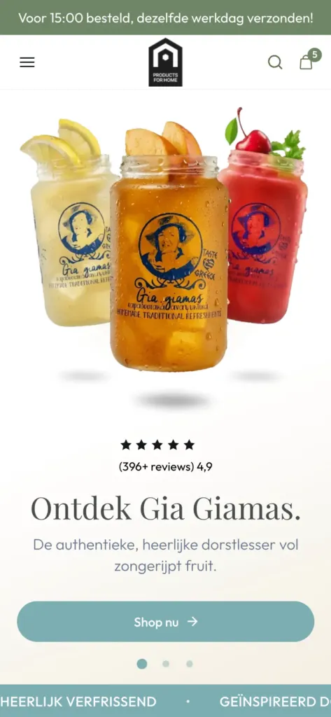 Productsforhome.nl homepage on a phone with the Gia Giamas hero slide