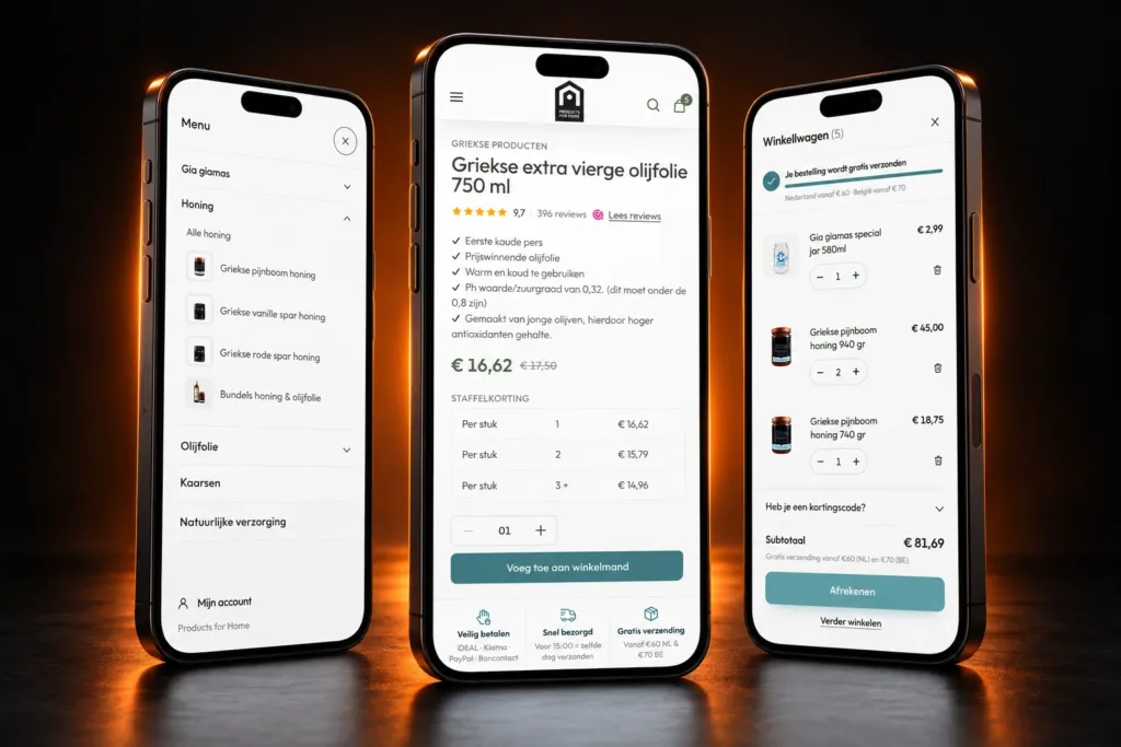Products for Home mobile menu, product buy box and slide-out cart on three phones