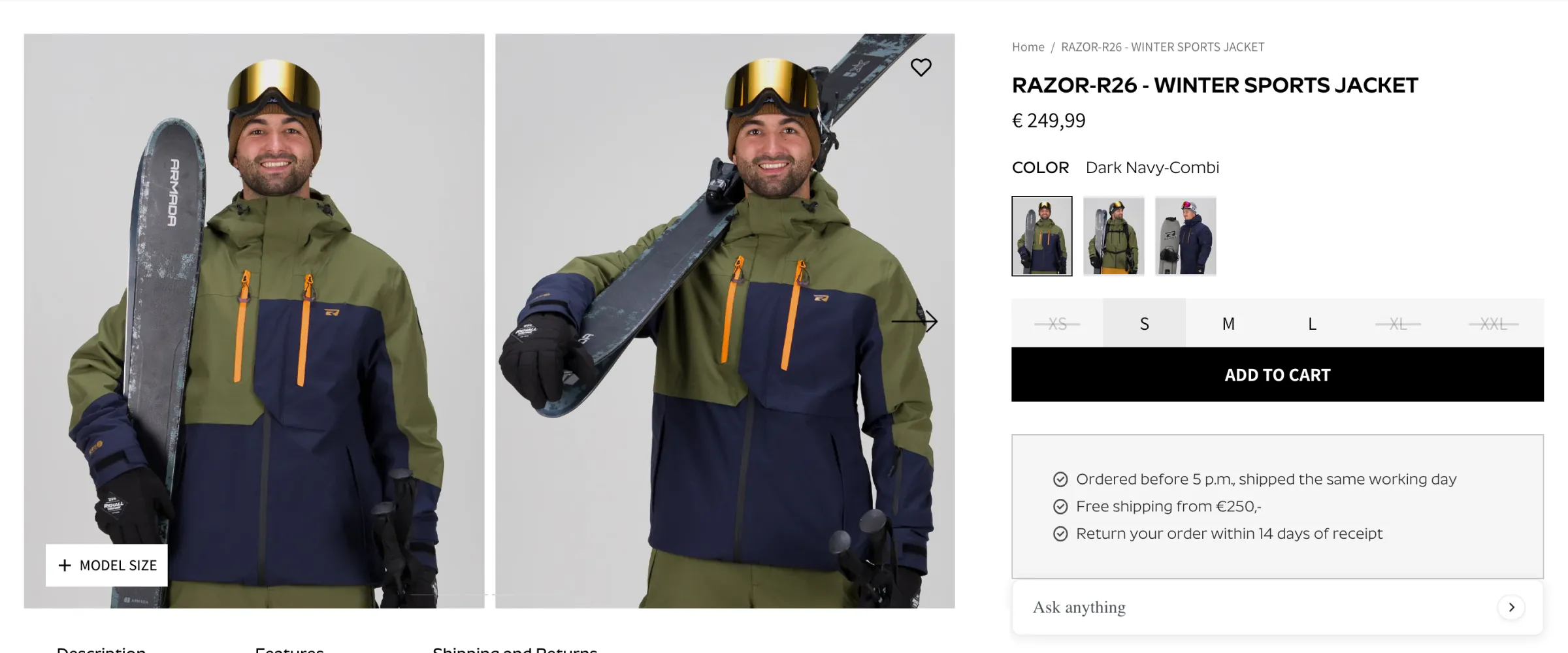 Rehall ski jacket product page with colourway photos, size bar and delivery promise under Add to cart