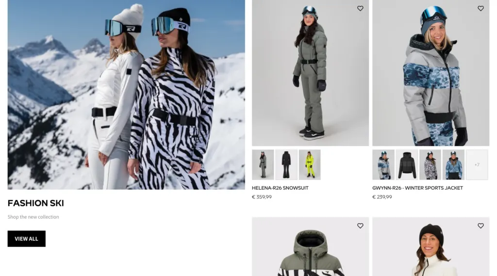 Rehall Fashion Ski section with a campaign photo beside product cards