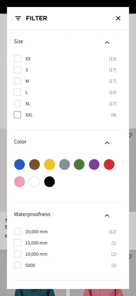 Rehall mobile filter drawer with size counts, colour swatches and waterproofness